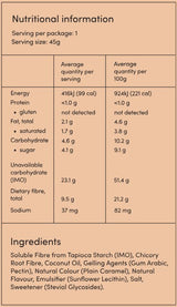 Supplement facts for Caramel Chews listing ingredients including Chicory extract, Coconut Oil, Fibre, Glucosamine Sulfate Potassium Chloride, Inulin