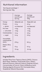 Supplement facts for Fruity Gummy Snakes listing ingredients including Beet extract, Carnauba Wax, Carrot, Cherry, Chicory extract