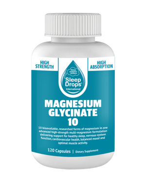 A supplement container of SleepDrops Magnesium Glycinate 10 by SleepDrops