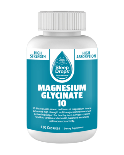 A supplement container of SleepDrops Magnesium Glycinate 10 by SleepDrops