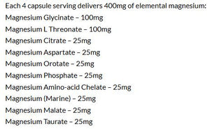 Supplement facts for SleepDrops Magnesium Glycinate 10 listing ingredients including Magnesium, Magnesium, Magnesium Orotate, Magnesium Taurate, Magnesium aspartate