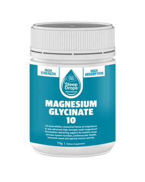 A supplement container of SleepDrops Magnesium Glycinate 10 powder by SleepDrops