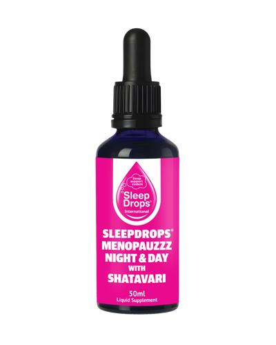 A supplement container of SleepDrops Menopauzzz Night + Day with Shatavari by SleepDrops