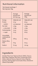 Supplement facts for Sour Peach Hearts listing ingredients including Carrageenan, Chicory extract, Citric Acid, Fibre, Malic acid