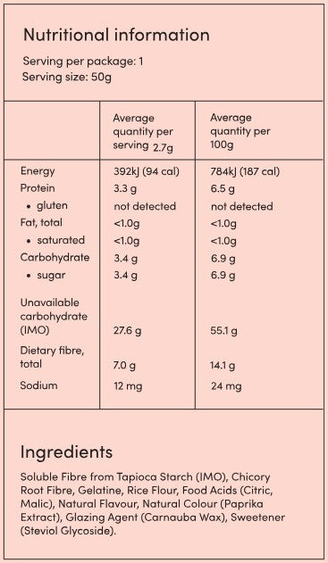 Supplement facts for Sour Peach Hearts listing ingredients including Carrageenan, Chicory extract, Citric Acid, Fibre, Malic acid