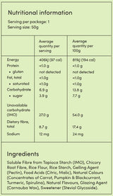 Supplement facts for Sour Vegan Gummy Bears listing ingredients including Carnauba Wax, Carrot, Chicory extract, Citric Acid, Fibre