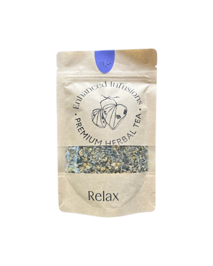 A supplement container of Relax Premium Herbal Tea by Enhanced Wellbeing
