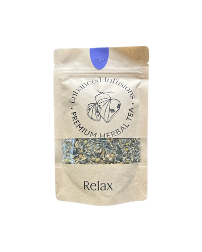 A supplement container of Relax Premium Herbal Tea by Enhanced Wellbeing