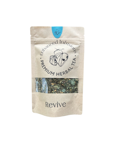 A supplement container of Revive Premium Herbal Tea by Enhanced Wellbeing