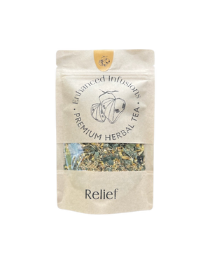 A supplement container of Relief Premium Herbal Tea by Enhanced Wellbeing