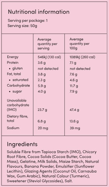 Supplement facts for Milk Chocolate Banana Bites listing ingredients including Calcium, Chicory extract, Cocoa Butter, Fibre, Inulin