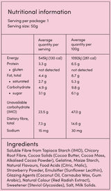 Supplement facts for Dark Chocolate Strawberry Bites listing ingredients including Chicory extract, Cocoa Butter, Coconut, Coconut Oil, Fibre
