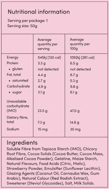 Supplement facts for Dark Chocolate Strawberry Bites listing ingredients including Chicory extract, Cocoa Butter, Coconut, Coconut Oil, Fibre
