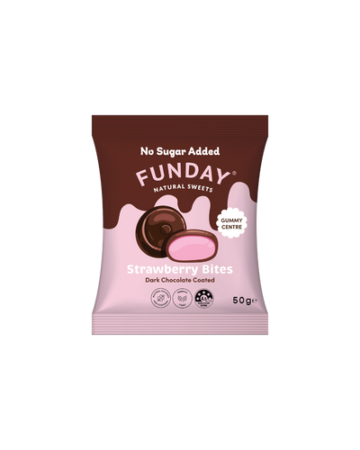 A supplement container of Dark Chocolate Strawberry Bites by Funday Natural Sweets