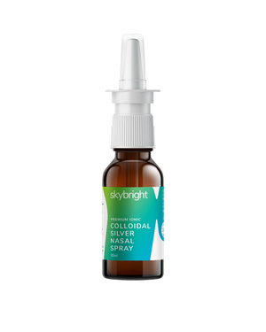 A supplement container of Colloidal Silver Nasal Spray by Skybright