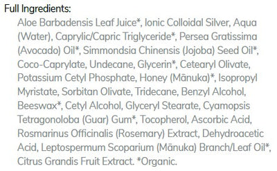 Supplement facts for Colloidal Silver Cream listing ingredients including Aloe Barbadensis, Ascorbic Acid, Avocado oil, Beeswax, Caprylic acid