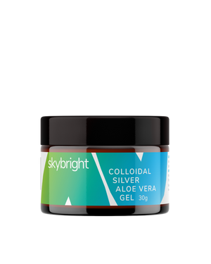 A supplement container of Colloidal Silver & Aloe Vera Gel by Skybright