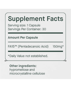 Supplement facts for Fatty15 Advanced Formula Extra Strength Starter Kit listing ingredients including Pentadecanoic Acid