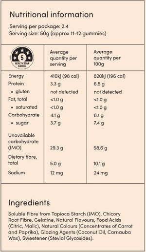 Supplement facts for Peaches & Cream Share Bag listing ingredients including Carnauba Wax, Carrot, Chicory extract, Citric Acid, Coconut Oil