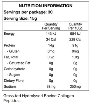Supplement facts for Collagen Protein Unflavoured 450g listing ingredients including Bovine Collagen Peptides, Collagen, Collagen, Collagen Bovine Hydrolysed