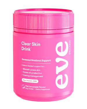 A supplement container of Clear Skin Drink by Eve