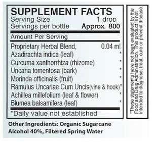 Supplement facts for A-BAB listing ingredients including Azadirachta indica, Cat's claw (Uncaria tomentosa), Yarrow