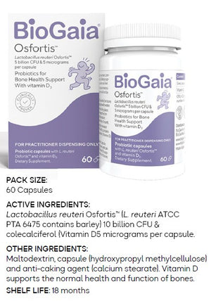 Supplement facts for BioGaia Osfortis Probiotic listing ingredients including Cholecalciferol, Lactobacillus, Lactobacillus Reuteri, Vitamin D3, Vitamin D3 (cholecalciferol)