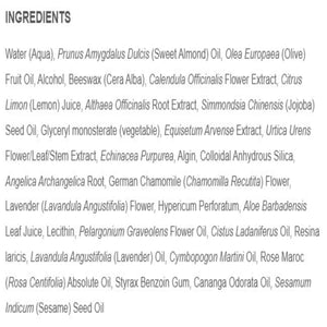 Ingredients: various botanical and cosmetic ingredients such as water, prunus amygdalus dulcis, olive oil, citrus lemon juice, and several extracts.