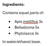 Supplement facts for Mastitis Support listing ingredients including Apis Mellifera, Belladonna, Phytolacca Americana, Poke Root