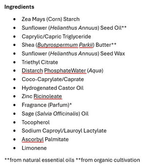 Supplement facts for Eucalyptus and Peppermint 24h Deodorant Stick listing ingredients including Ascorbyl Palmitate, Caprylic acid, Castor Oil, Helichrysum Hydrosol, Indian Frankincense Extract