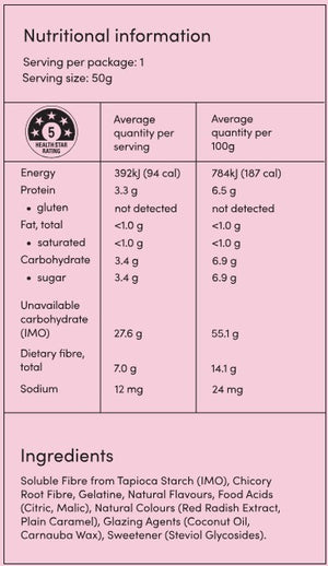 Supplement facts for Mr Whippy Ice Cream Gummies listing ingredients including Carnauba Wax, Chicory extract, Citric Acid, Coconut Oil, Fibre