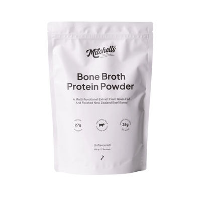 A Supplement pouch with the name Bone Broth Protein Powder (Unflavoured) by Mitchell's Nutrition. 