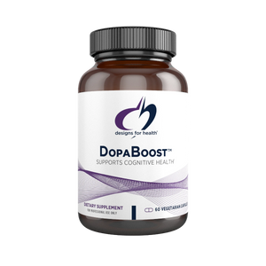 Image of a white supplement bottle that says desifgns for health Dopaboost supports cognitive health dietary supplement 60 vegetairan capsules 