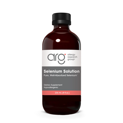 A Supplement container with the name Selenium Solution, Pure, Well-absorbed selenium by Allergy Research Group.