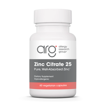 A Supplement container with the name Zinc Citrate 25 by Allergy Research Group.