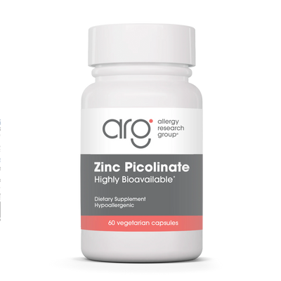 A Supplement container with the name  Zinc Picolinate by Allergy Research Group.