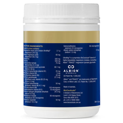 Text listing the ingredients including Magnesium, Glutamine, Taurine, Levocarnitine tartrate,  D-alpha,tocopherol acid, Vitamin E, Thiamine hydrochloride, vitamin b1, Vitamin b2, Riboflavin, Nicotinamide, vitamin b3, Calcium pantothenate, Pyridoxine hydrochloride, folic acid, vitamin b9, Cyanocobalamin, vitamin b12, Calcium hydrogen phosphate, Molybdenum trioxide, potassium asparate, Selenomethione, dibasic sodium phosphate