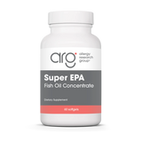 A Supplement container with the name Super EPA, Fish Oil Concentrate by Allergy Research Group.