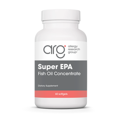 A Supplement container with the name Super EPA, Fish Oil Concentrate by Allergy Research Group.