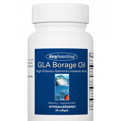 A Supplement container with the name GLA Borage Oil by Allergy Research Group.