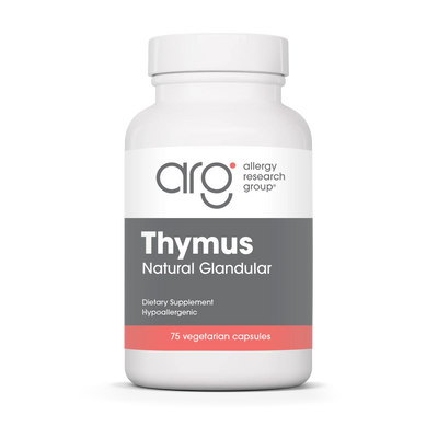 A Supplement container with the name Thymus Natural Glandular by Allergy Research Group.