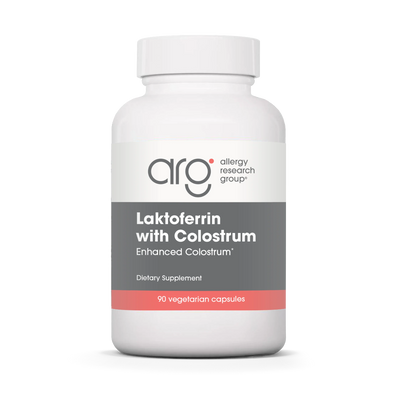 A Supplement container with the name Laktoferrin with Colostrum by Allergy Research Group.