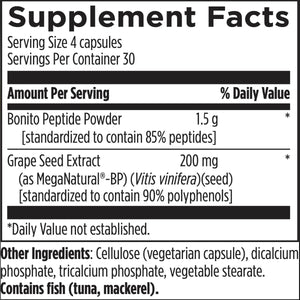 Text describing the ingredients: Bonito Peptide powder, Grape Seed Extract, Cellulose (vegetarian capsule), dicalcium phosphate, triclcoum phosphate, vegetable stearate