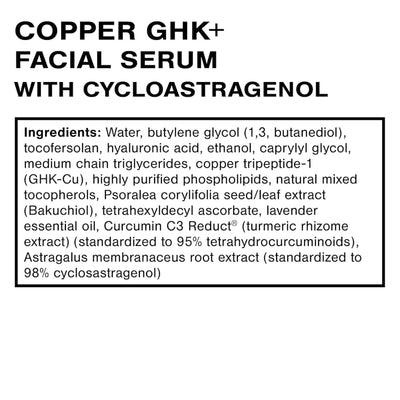 Ingredients: Butylene glycol, Tocofersolan, Hyaluronic acid Ethanol, Caprylyl glycol, Medium chain triglycerides, Copper tripeptide-1 (GHK-Cu), Highly purified phospholipids, Natural mixed tocopherols, Psoralea corylifolia seed/leaf etract (Bakuchiol), Tetrahexyldecyl ascorbate, Lavender essential oil, Curcumin C3 Reduct (turmeric rhizome extract) (standardized to 95% tetrahydrocurcuminoids), Astragalus membranaceus oot extract (standardized to 98% cyclosastragenol).