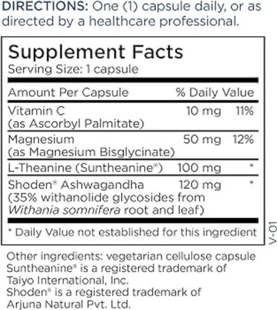 Text describing the ingredients: Vitamin C (as Ascorbyl Palmitate), Magnesium ( Magnesium Bisglycinate), L-Theanine (Suntheanine), Shoden  Ashwagandha.