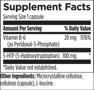 Text describing the ingredients: Vitamin B-(as Pyridoxal-5-Phosphate), 5-HT (5-Hydroxytrptophan), Microcrystalline cellulose, cellulose (capsule), L-leucine 