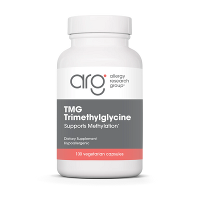 A Supplement container with the name TMG Trimethylglycine by Allergy Research 