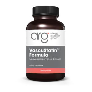 A Supplement container with the name VascuStatin by Allergy Research Group.
