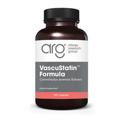 A Supplement container with the name VascuStatin by Allergy Research Group.