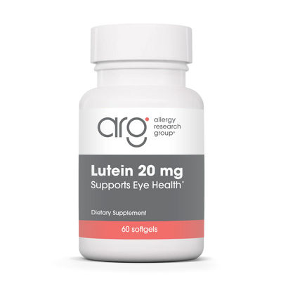 A Supplement container with the name Lutein 20mg by Allergy Research Group.